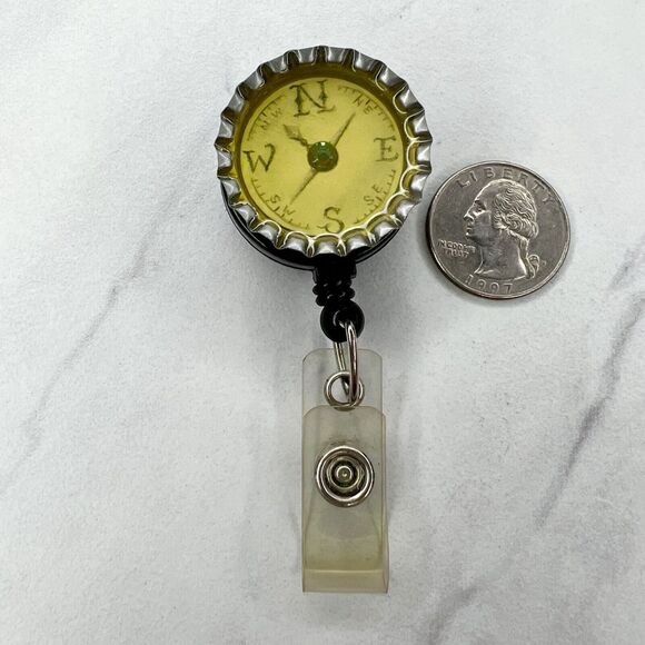 Bottle Cap Rhinestone Faux Compass Retractable Badge ID Holder - Picture 1 of 6